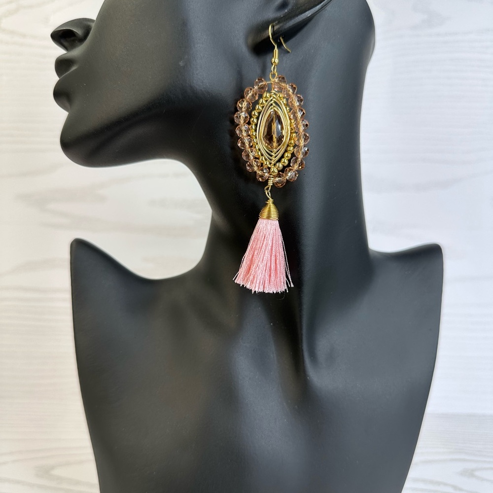 New handmade Elegant Gold and Pink Tassel Earrings 14k gold platted